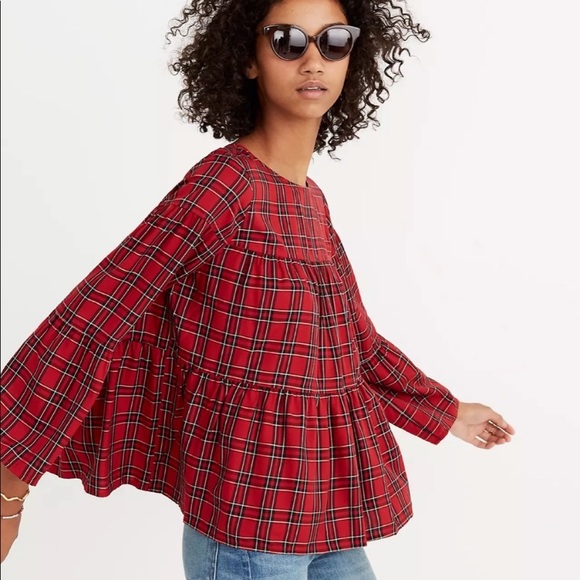 Madewell Tops - Madewell Tiered Button Back Plaid Red Top✨